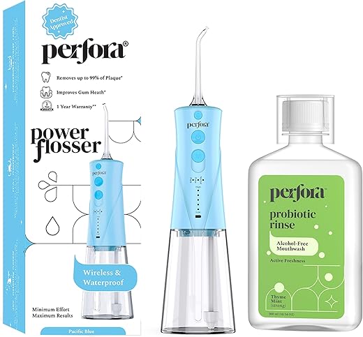 Perfora Power Water Dental Flosser | 1 Year Warranty | Floss, Dental Flosser For Teeth Oral Care, 3 Modes, Alcohol-free Anti-Plaque Thyme Mint Mouthwash, Water Floss - Water Flosser & Mouthwash Combo