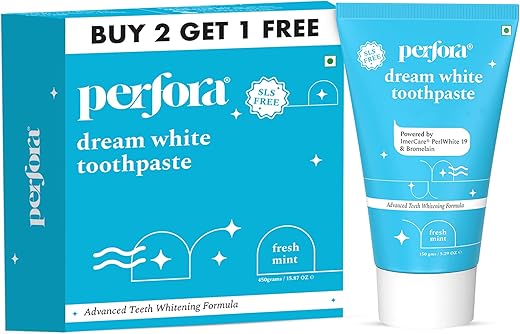Perfora Whitening Toothpaste - 450 g, 150g X 3 | Instant Teeth Whitening Tooth paste | SLS Free Toothpaste for Adults & Kids | No Artificial Sweeteners | Made Safe Certified | Fresh Mint | Buy 2 Get 1