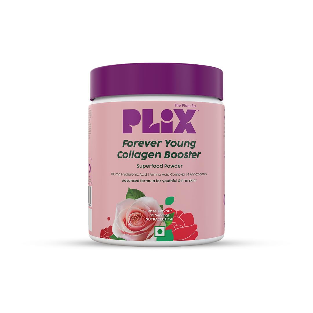 PLIX Collagen Supplement Powder to support Skin Elasticity, Firmness & Youthful Glow | 100%Plant-based with Hyaluronic Acid & Vitamin C | For Women & Men | Rose Flavour, Pack of 1