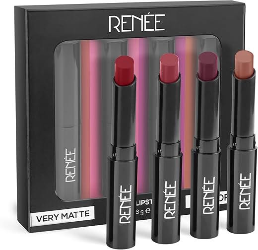 RENEE Very Matte - Pack of 4 Matte Lipsticks | Intense Color Pay Off, Full Coverage Long Lasting Weightless Velvety Formula