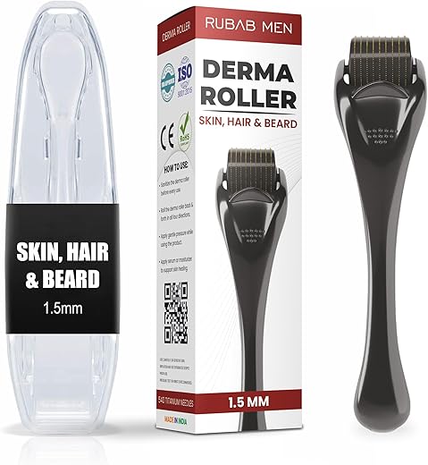 RUBAB MEN 1.5Mm Derma Roller With Travel Case|540 Titanium Alloy Needles Rejuvenates Skin Tone&Activates Hair Follicles For Faster,Thicker Hair&Patchy Beard Growth|Safe&Easy To Use,100 Grams