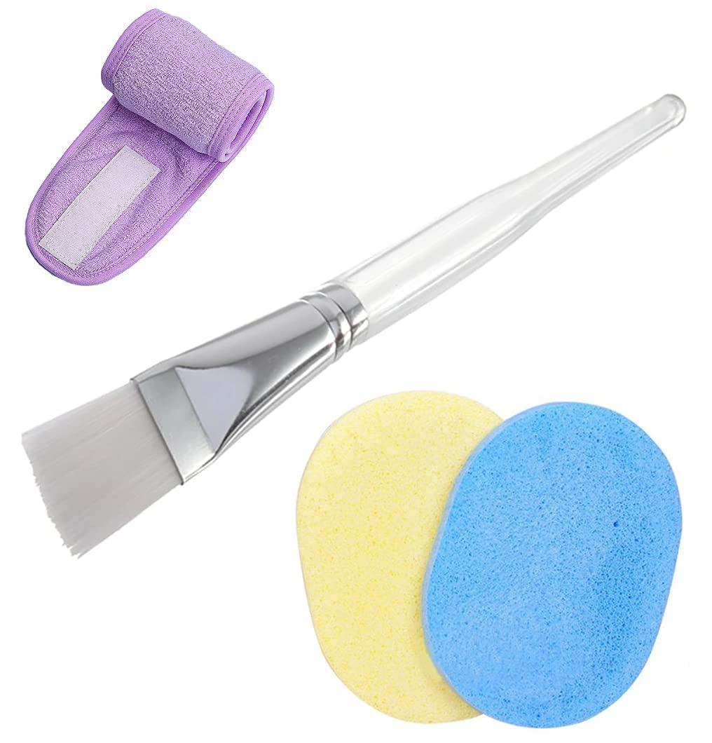 SITOLO Face Mask Pack Applying Brush, Facial Sponges For Cleansing FaceMakeup remover, Reusable Adjustable Facial Spa Headband (1 Brush+1 Headband+2 Sponges)