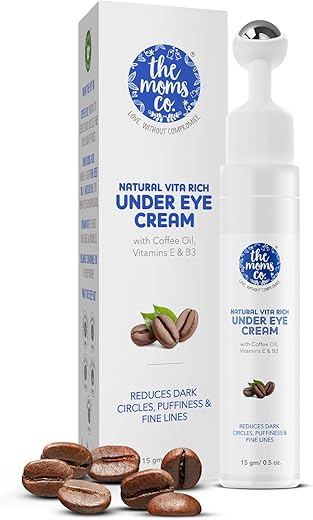 The Moms Co. Natural Vita Rich Under Eye Cream for Dark Circles for Women & Men enriched with Chia Seed Oil, Coffee Oil, Vitamines E & B3 with Cooling Massage Roller to Reduce Dark Circles, Puffiness and Fine Lines (15g/0.5 oz)