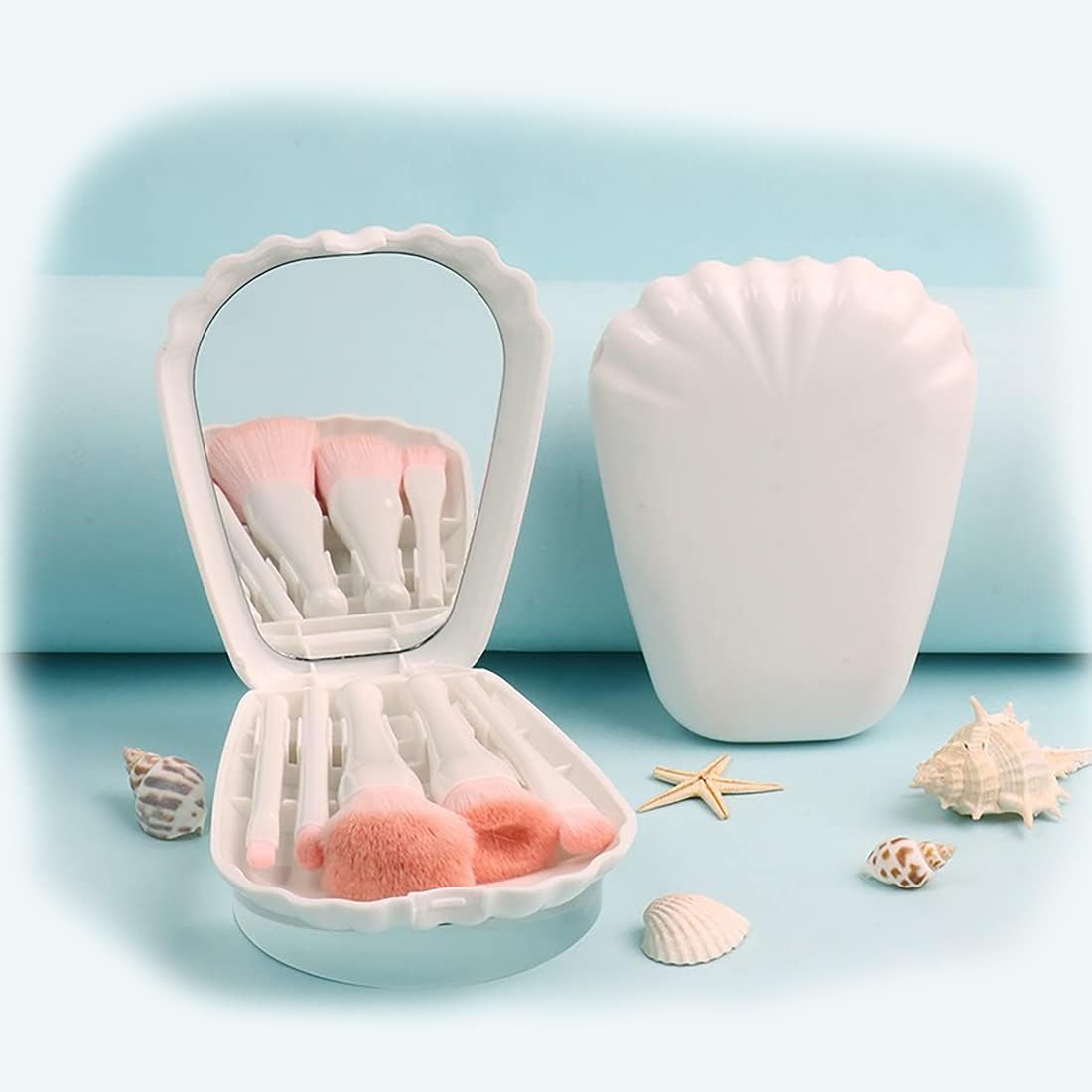 Travel Makeup Brush Set - SEA SHELL BRUSH Portable Compact 5 Pc Mini Cosmetic Brushes with Built-In Mirror - Essential Beauty Tools for On-the-Go (SHELL-WHITE)