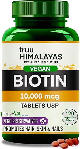 truu Himalayas Biotin 10000mcg for Hair Growth, Glowing Skin & Nails - 120 Veg tablets - Vegan Biotin Supplement for Men & Women Hair Health - Vitamin B 7 - PureVe Forte Medicine - Zero Preservatives