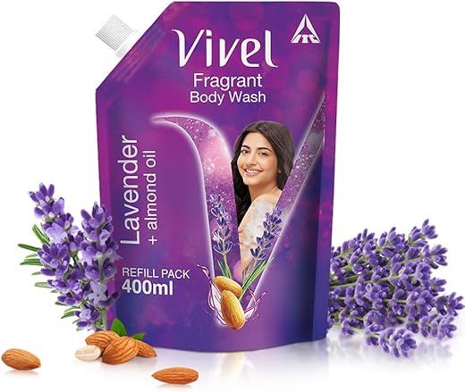 Vivel Fragrant Body Wash, Lavender & Almond Oil Shower Gel, 400 ml Supersaver Refill Pouch, Moisturizing Bodywash, Soft & Smooth Skin, Effective Cleansing, For Women & Men