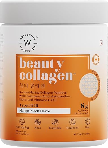 Wellbeing Nutrition Beauty Collagen with Hyaluronic Acid | Collagen Supplements for Women & Men | Collagen Powder with Biotin and Vitamins for Skin Radiance & Anti-Aging | 250g - Mango Peach Flavor
