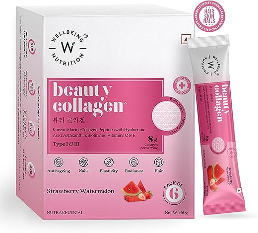 Wellbeing Nutrition Beauty Korean Marine Collagen | Type 1 & 3 Peptides, Hyaluronic Acid, Astaxanthin, Biotin, Vit C | Hydration, Elasticity, Hair Growth | Strawberry Watermelon 6 Sachets