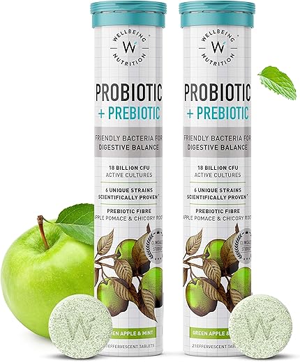 Wellbeing Nutrition Daily Probiotics + Prebiotics | Improve Metabolism, Acidity Relief, Digestion & Gut Health | 18 Billion CFU Organic Probiotics Supplement for Men & Women (21 Effervescent Tabs)