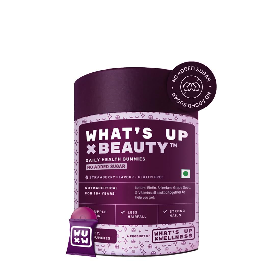 What's Up Wellness Natural Biotin Gummies for Hair Growth, Bright Skin & Strong Nails | Vitamin A to E, Folic Acid, Zinc, Aloe Vera | For Men & Women | No Added Sugar | 30 Days Pack |