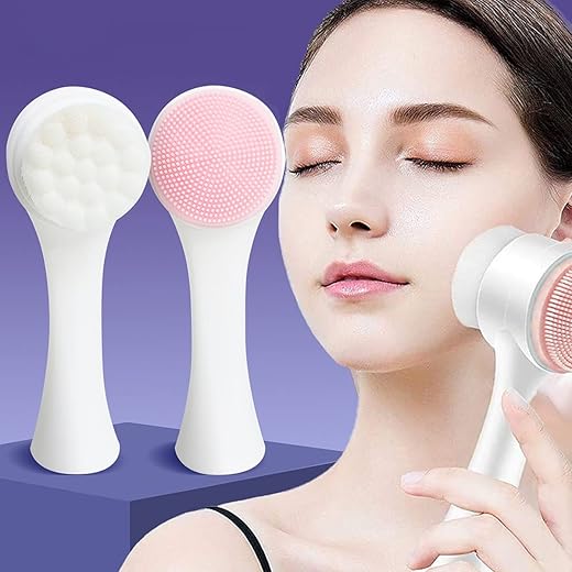 Wolpin Facial Cleaning Brush Double Sided Deep Pore Cleaning Manual 2-in-1 Face Cleansing Exfoliating Brush Facial Wash Massage Soft Silicone Scrubber (Pink) h