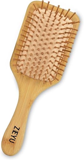ZEYU Wooden Rectangular Bamboo Hair Brush With Round Ball Bristles, Unisex Eco-Friendly, Durable, and Gentle Detangler Paddle Comb Hairbrush For Hair Growth and Scalp Massage (Brown)